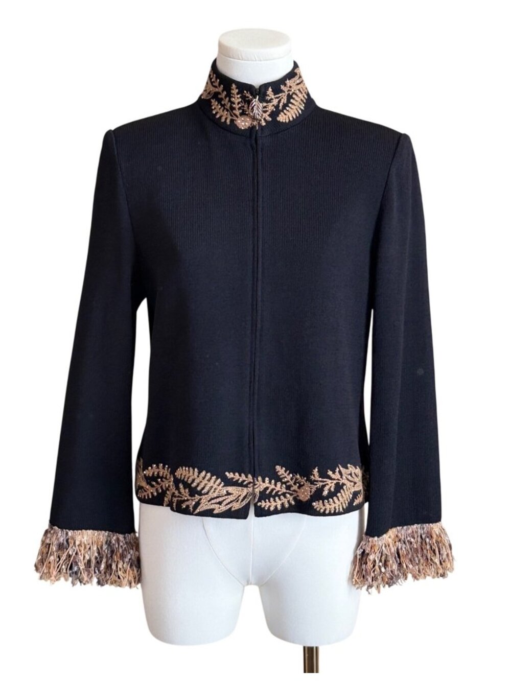 St John Santana Knit Full Zip Jacket Gold Embroidered Tinsel Fringe Black